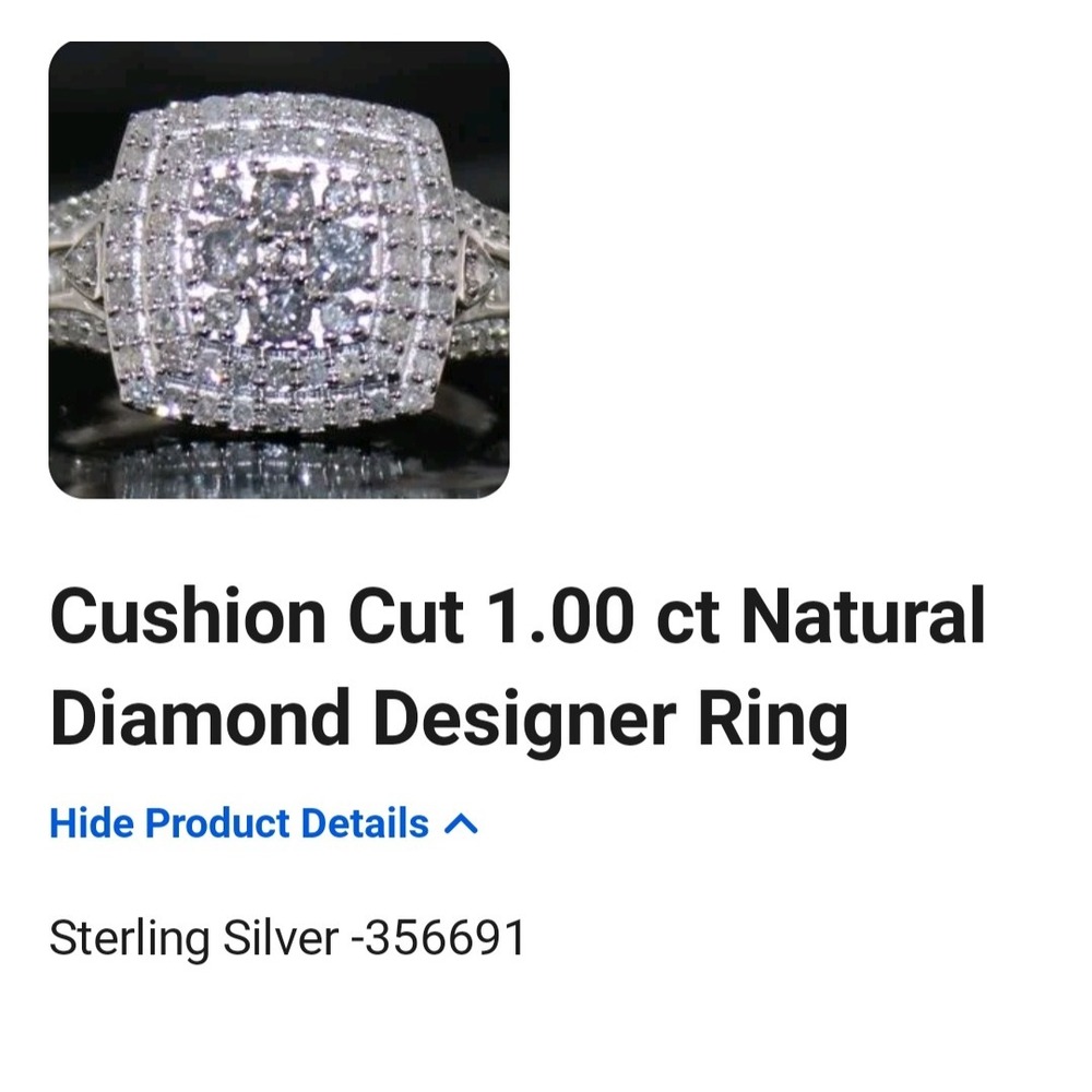 Cushion Cut 1.00 ct Natural Diamond Sterling Silver Designer Ring 356691 Sz 7